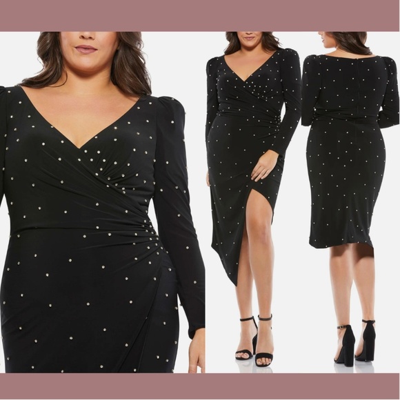 NWT$358 Mac Duggal [ PLUS 14 ] Rhinestone Embellish Faux Wrap Jersey Dress Black